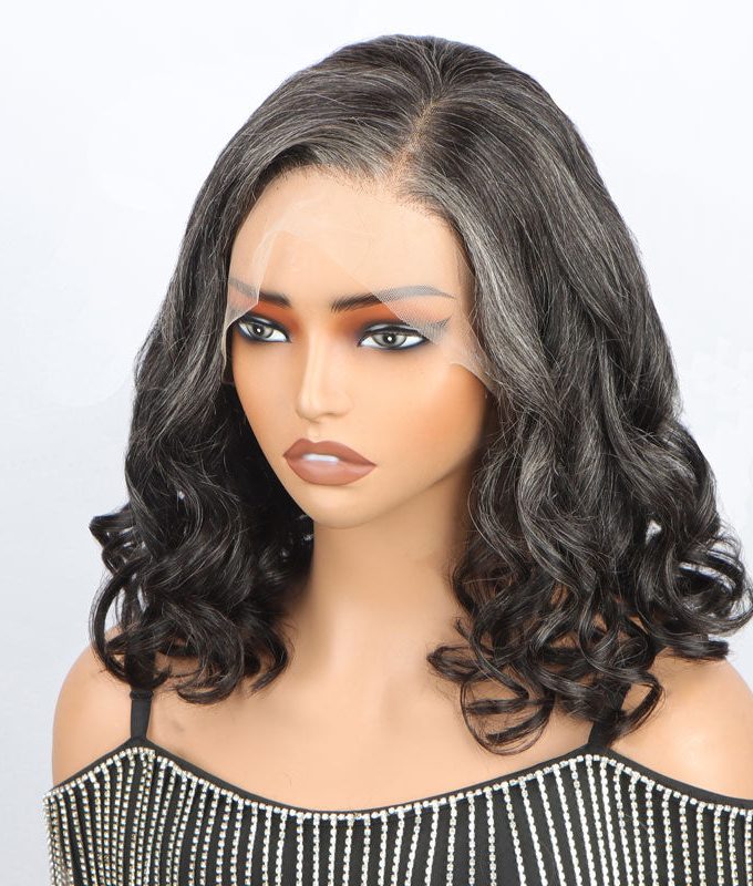 Seniors Dark Salt & Pepper Full Lace Bob Wigs Loose Wave Lob Human Hair Part Anywhere High Breathable Cap Wig