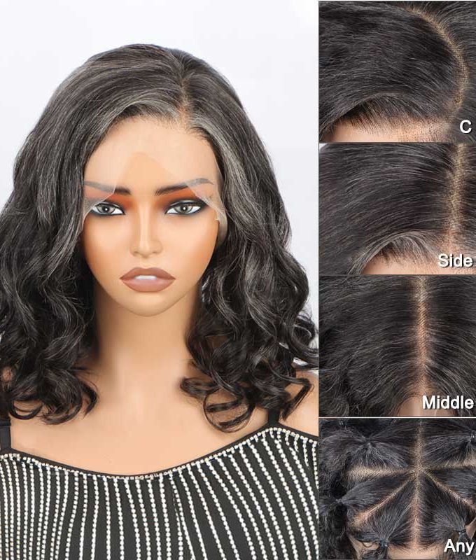 Seniors Dark Salt & Pepper Full Lace Bob Wigs Loose Wave Lob Human Hair Part Anywhere High Breathable Cap Wig