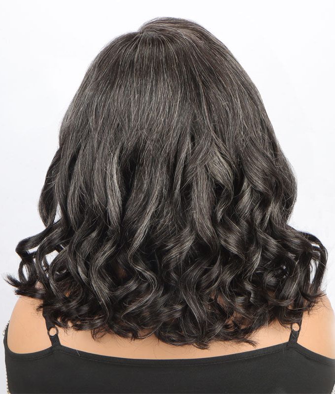 Seniors Dark Salt & Pepper Full Lace Bob Wigs Loose Wave Lob Human Hair Part Anywhere High Breathable Cap Wig