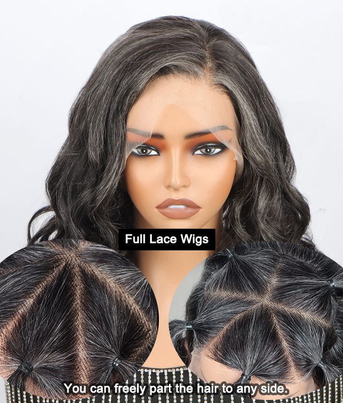 Seniors Dark Salt & Pepper Full Lace Bob Wigs Loose Wave Lob Human Hair Part Anywhere High Breathable Cap Wig