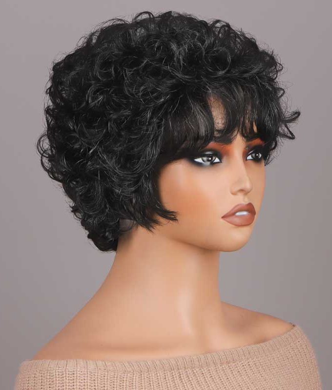 Dark Salt & Pepper Short Curly Layered Pixie Cut Wig Human Hair Ready To Go Glueless Wigs