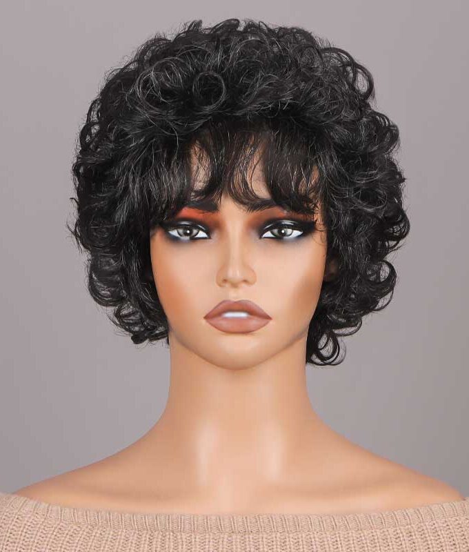 Dark Salt & Pepper Short Curly Layered Pixie Cut Wig Human Hair Ready To Go Glueless Wigs