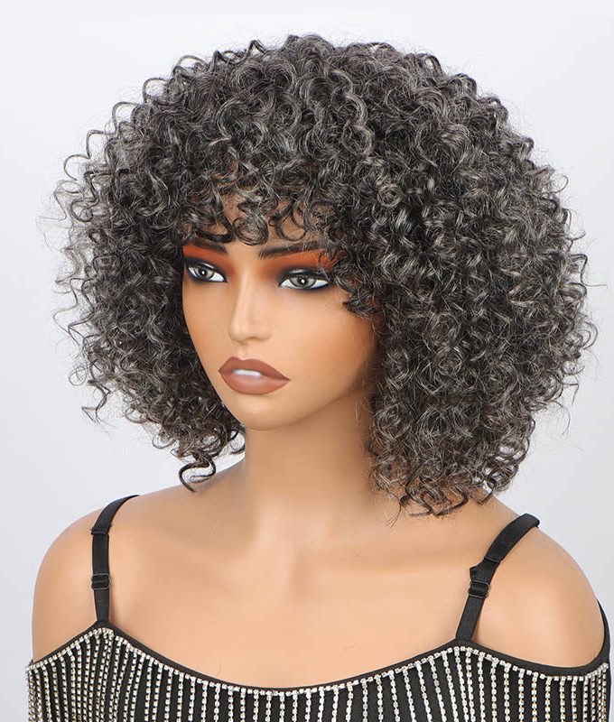 US DOMESTIC SHIPPING | Dark Gray Curly Bob Wig With Bangs Glueless Wear & Go Human Hair Salt And Pepper Wigs