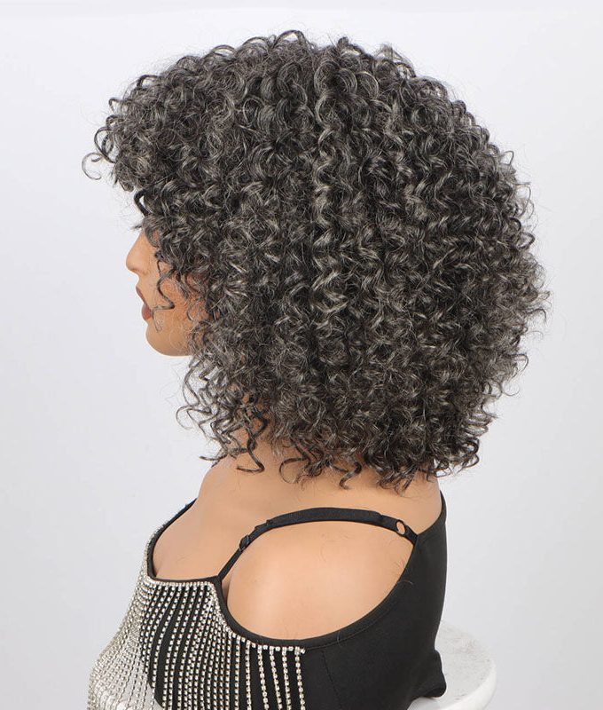 US DOMESTIC SHIPPING | Dark Gray Curly Bob Wig With Bangs Glueless Wear & Go Human Hair Salt And Pepper Wigs