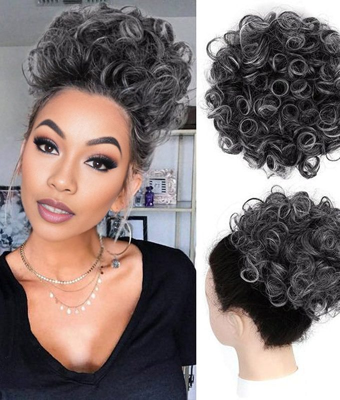 Salt And Pepper Curly Messy Buns Drawstring Ponytail Puff Clips in Human Hair Extension