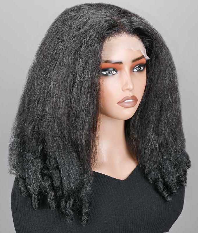 Kinky Straight & Curly 2-in-1 Hairstyle Dark Salt And Pepper Human Hair 5x5 Lace Closure Wig for Women