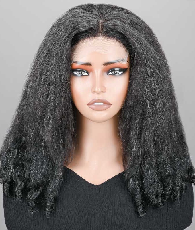 Kinky Straight & Curly 2-in-1 Hairstyle Dark Salt And Pepper Human Hair 5x5 Lace Closure Wig for Women