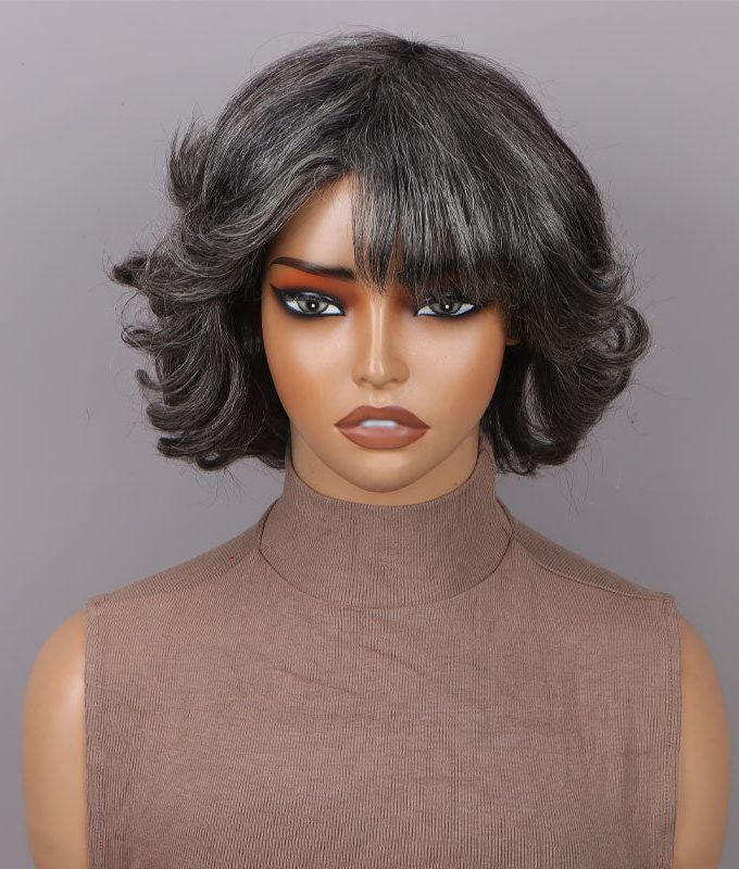 Trendy Medium Salt and Pepper Natural Wavy Bob Wear Go Glueless Human Hair Wigs With Bangs For Women Over 50