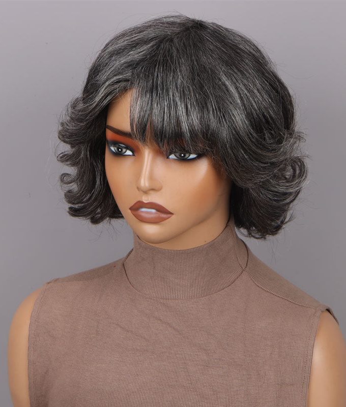 Trendy Medium Salt and Pepper Natural Wavy Bob Wear Go Glueless Human Hair Wigs With Bangs For Women Over 50