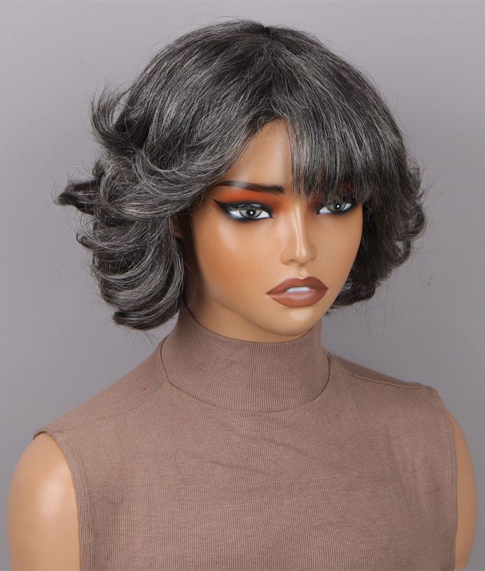 Trendy Medium Salt and Pepper Natural Wavy Bob Wear Go Glueless Human Hair Wigs With Bangs For Women Over 50
