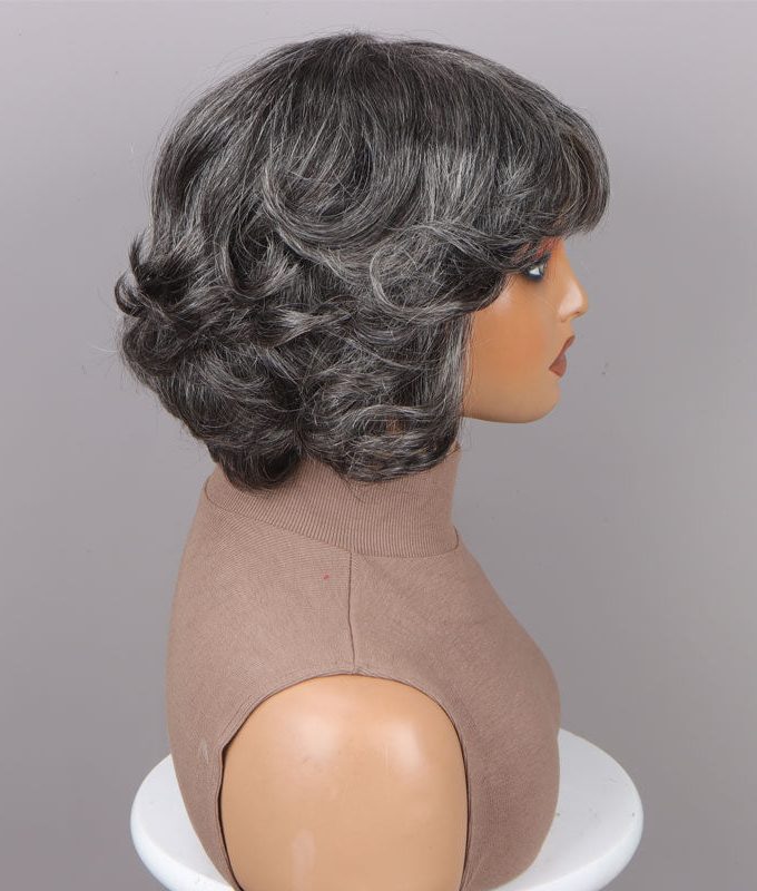 Trendy Medium Salt and Pepper Natural Wavy Bob Wear Go Glueless Human Hair Wigs With Bangs For Women Over 50