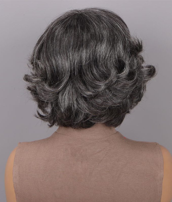 Trendy Medium Salt and Pepper Natural Wavy Bob Wear Go Glueless Human Hair Wigs With Bangs For Women Over 50