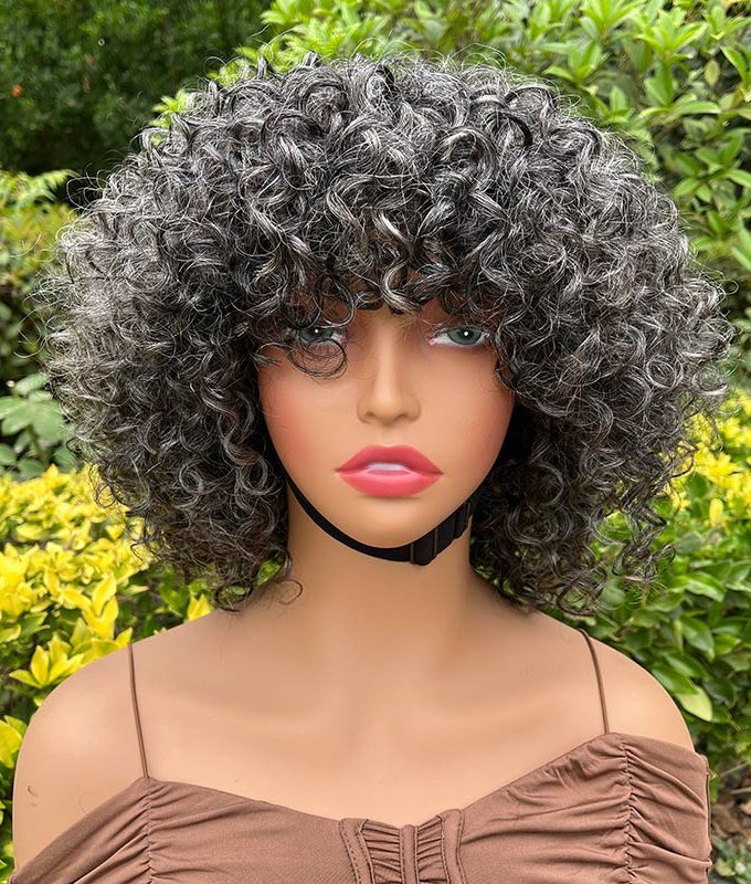 US DOMESTIC SHIPPING | Dark Gray Curly Bob Wig With Bangs Glueless Wear & Go Human Hair Salt And Pepper Wigs