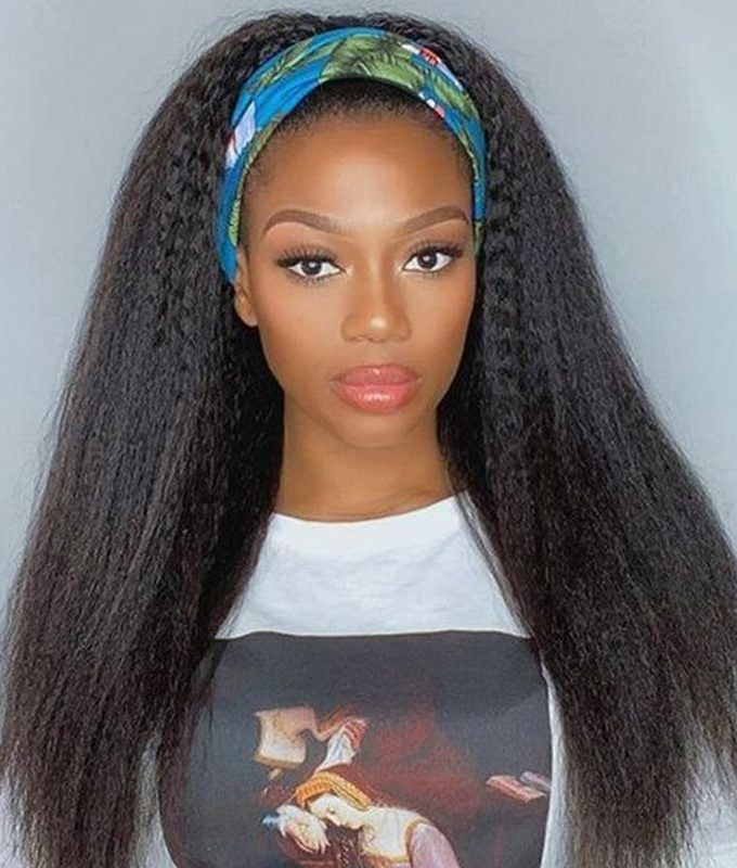 Natural Black Kinky Straight Human Hair Headband Wig For Black Women