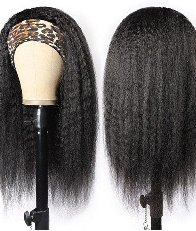 Natural Black Kinky Straight Human Hair Headband Wig For Black Women