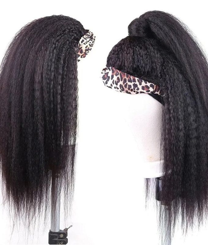 Natural Black Kinky Straight Human Hair Headband Wig For Black Women