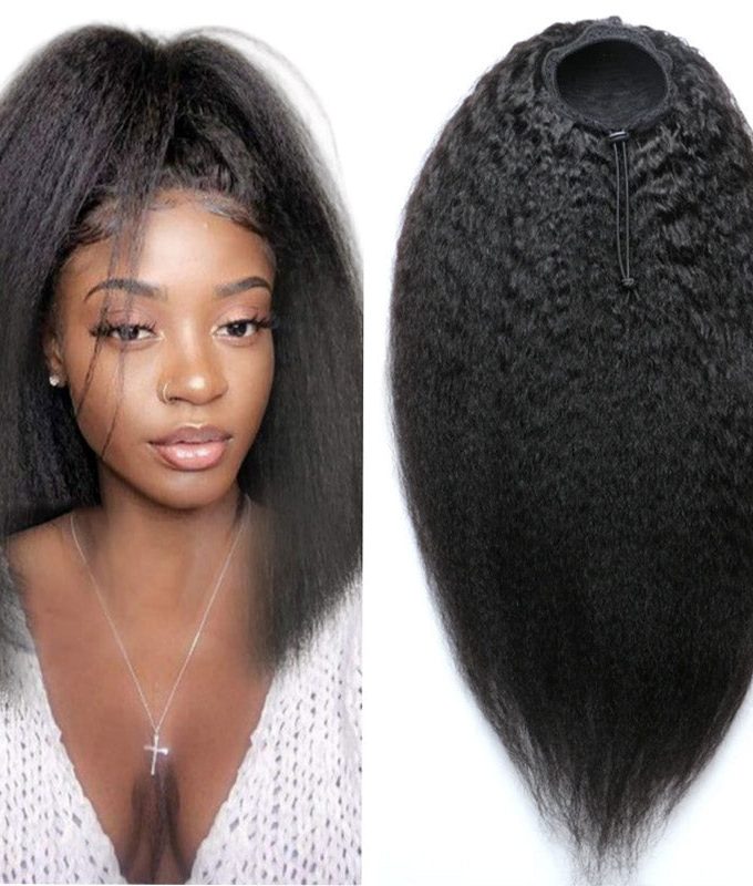 Natural Black Kinky Straight Drawstring Ponytail Human Hair Extensions