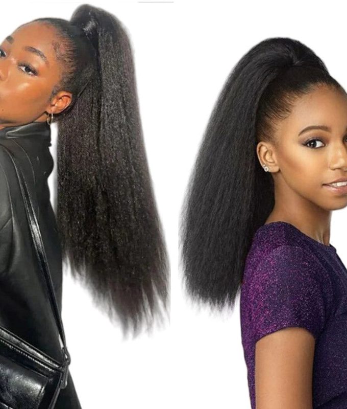 Natural Black Kinky Straight Drawstring Ponytail Human Hair Extensions