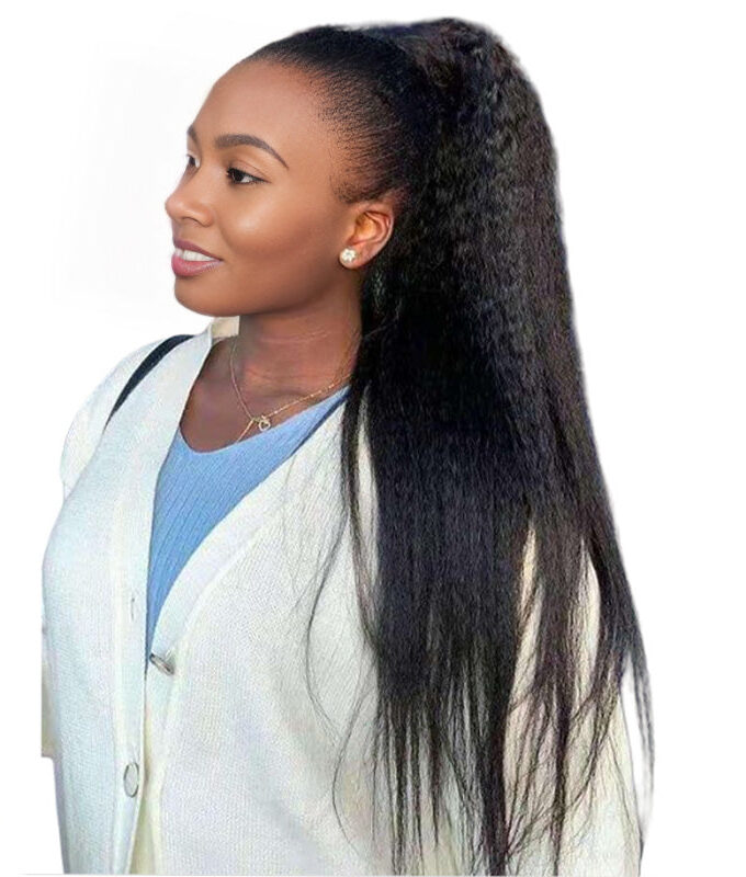 Natural Black Kinky Straight Drawstring Ponytail Human Hair Extensions