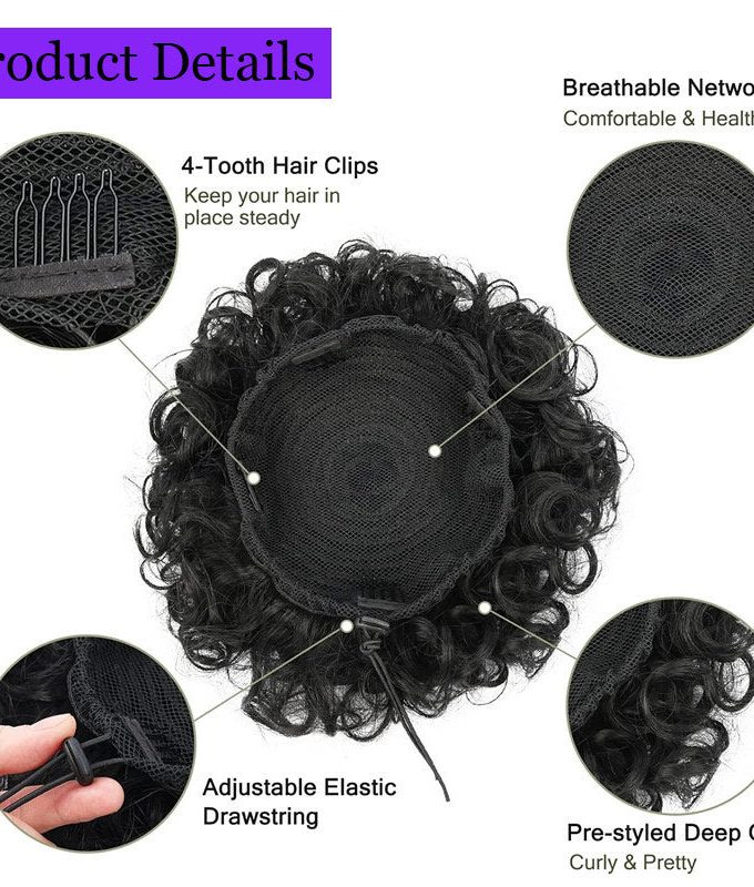 Curly Puff Drawstring Ponytail Messy Bun Hair Clip in Human Hair Piece