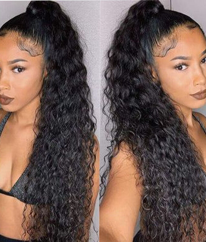 Natural Black Water Wave Drawstring Ponytail Hair Human Hair Extensions