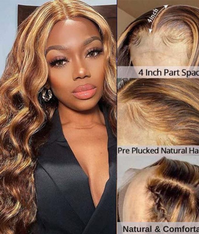 Flash Sale $120 Off P4/27 Body Wave Brown Lace Front Wigs With Honey Blonde Highlight Real Human Hair Lace Closure Wigs