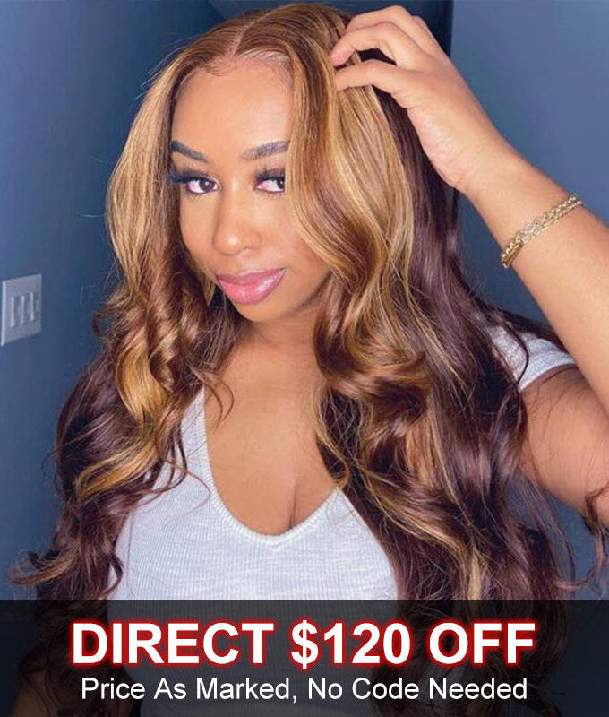 Flash Sale $120 Off P4/27 Body Wave Brown Lace Front Wigs With Honey Blonde Highlight Real Human Hair Lace Closure Wigs