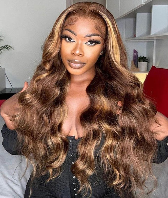 Flash Sale $120 Off P4/27 Body Wave Brown Lace Front Wigs With Honey Blonde Highlight Real Human Hair Lace Closure Wigs
