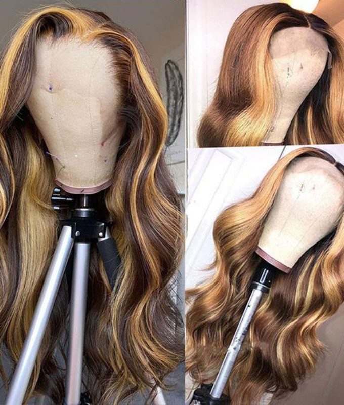 Flash Sale $120 Off P4/27 Body Wave Brown Lace Front Wigs With Honey Blonde Highlight Real Human Hair Lace Closure Wigs