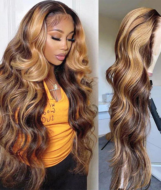 Flash Sale $120 Off P4/27 Body Wave Brown Lace Front Wigs With Honey Blonde Highlight Real Human Hair Lace Closure Wigs