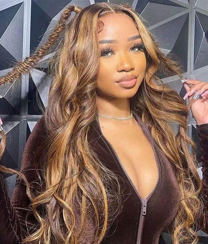 Flash Sale $120 Off P4/27 Body Wave Brown Lace Front Wigs With Honey Blonde Highlight Real Human Hair Lace Closure Wigs