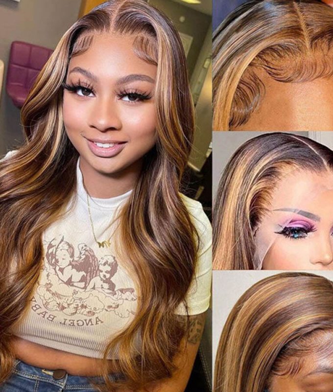Flash Sale $120 Off P4/27 Body Wave Brown Lace Front Wigs With Honey Blonde Highlight Real Human Hair Lace Closure Wigs