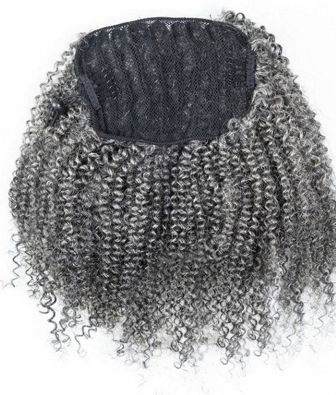 Salt And Pepper Kinky Curly Drawstring Ponytail Hair Extensions 100% Human Hair
