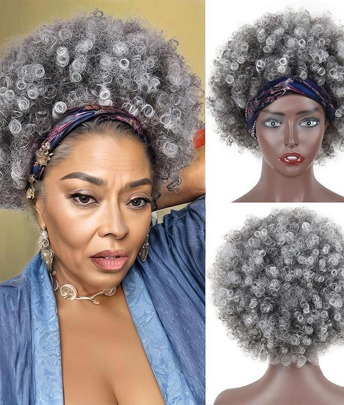 Salt And Pepper Afro Kinky Curly Headband Human Hair Wig Gray Ombre Glueless Wig