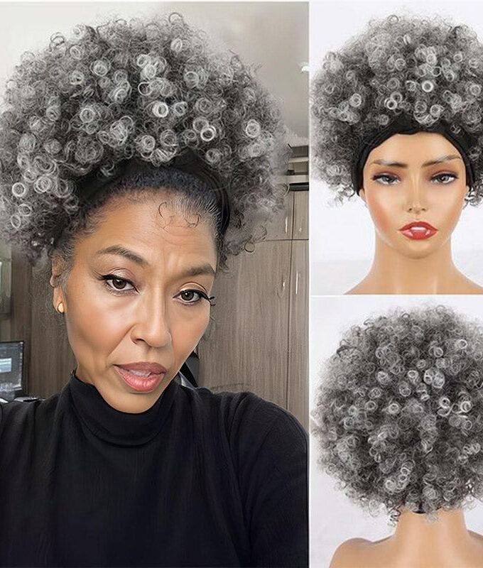 Salt And Pepper Afro Kinky Curly Headband Human Hair Wig Gray Ombre Glueless Wig