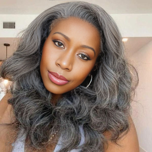 Medium Salt And Pepper Body Wave Human Hair 3 in 1 Half Wig Ready To Go Grey Wigs