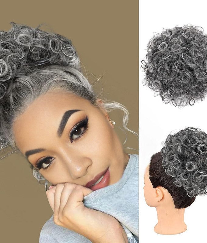 Salt And Pepper Curly Messy Buns Drawstring Ponytail Puff Clips in Human Hair Extension