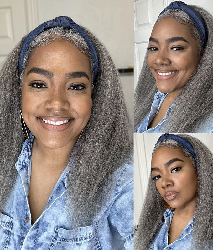 Salt And Pepper Kinky Straight Human Hair 3/4 Half Wig Kinky Blow Out Glueless 3 In 1 Wigs