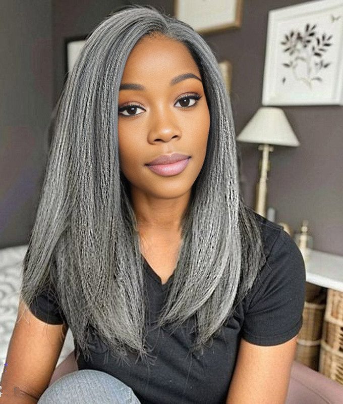 Salt And Pepper Kinky Straight Human Hair 3/4 Half Wig Kinky Blow Out Glueless 3 In 1 Wigs
