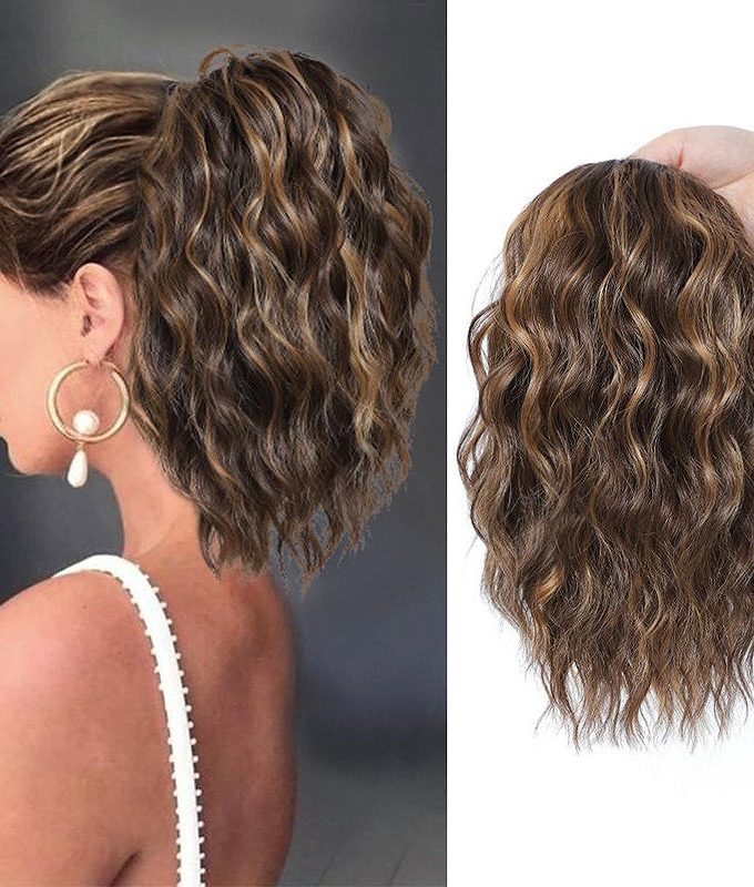 P4/27 Brown With Golden Highlights Drawstring Ponytail Natural Wave Curl Human Hair Extensions