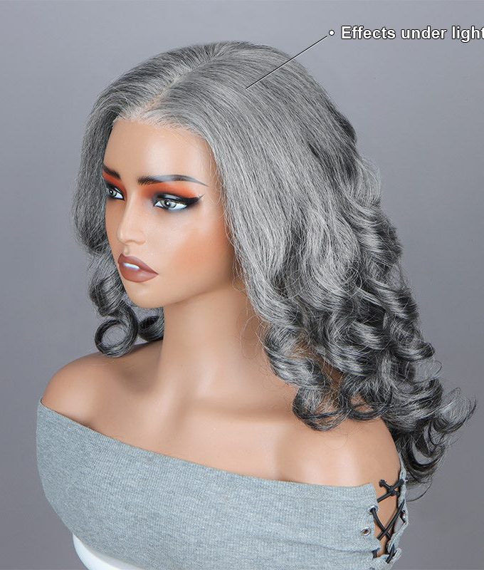 Female Seniors Salt And Pepper Loose Wave Pre-cut Lace 9x6 Glueless Wigs