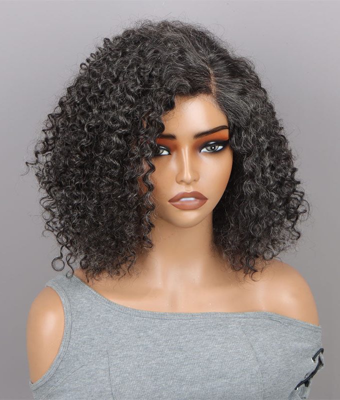 Seniors Medium Salt & Pepper Jerry Curly Bob Handmade 5x5 HD Lace Real Human Hair Wigs For Mom