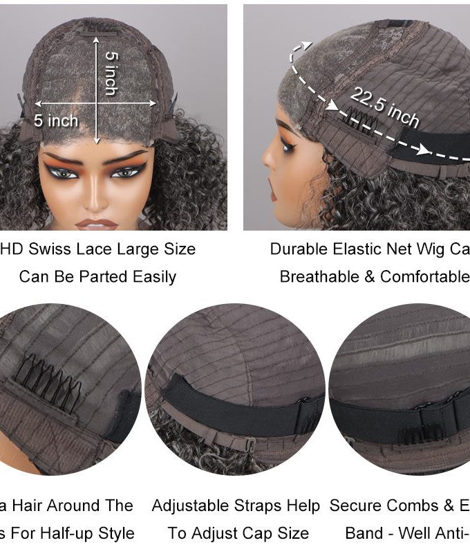 Seniors Medium Salt & Pepper Jerry Curly Bob Handmade 5x5 HD Lace Real Human Hair Wigs For Mom