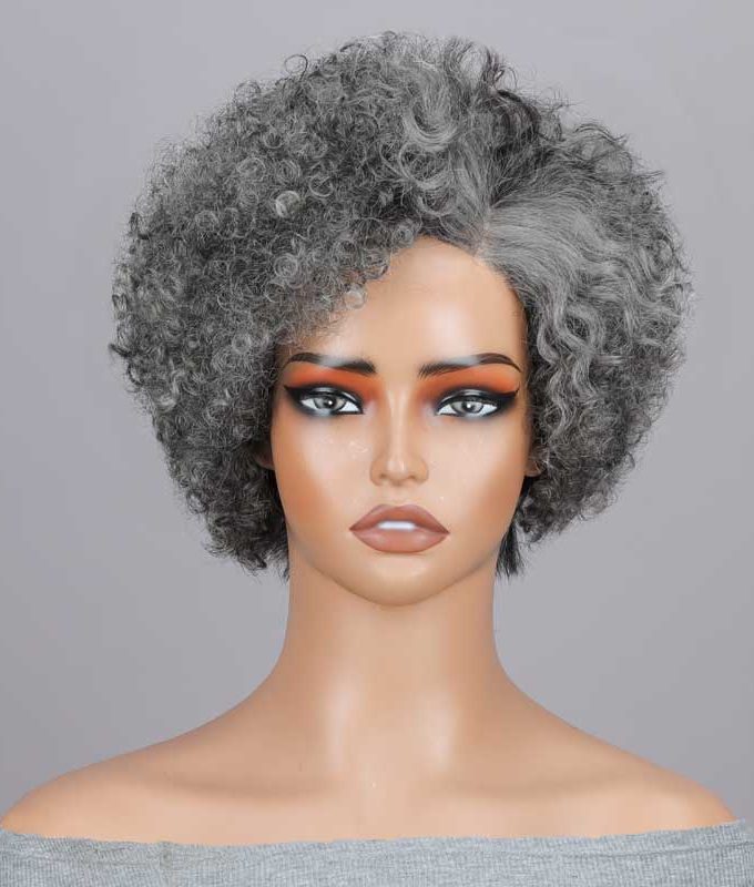 Seniors Short Jerry Curly Silver Pixie Cut Wig Salt and Pepper 4x1 Lace Glueless Human Hair Wig