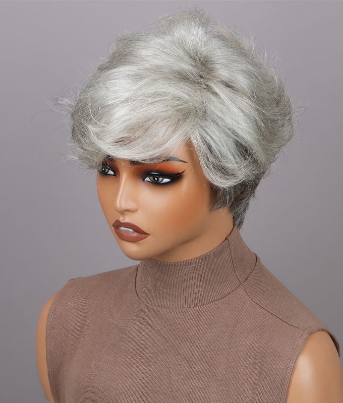 Seniors Short Straight Silver Layered Pixie Cut Wig Light Salt And Pepper Human Hair Glueless Wigs