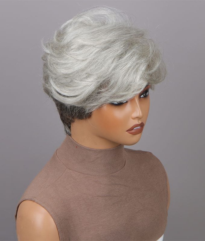 Seniors Short Straight Silver Layered Pixie Cut Wig Light Salt And Pepper Human Hair Glueless Wigs