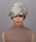Seniors Short Straight Silver Layered Pixie Cut Wig Light Salt And Pepper Human Hair Glueless Wigs