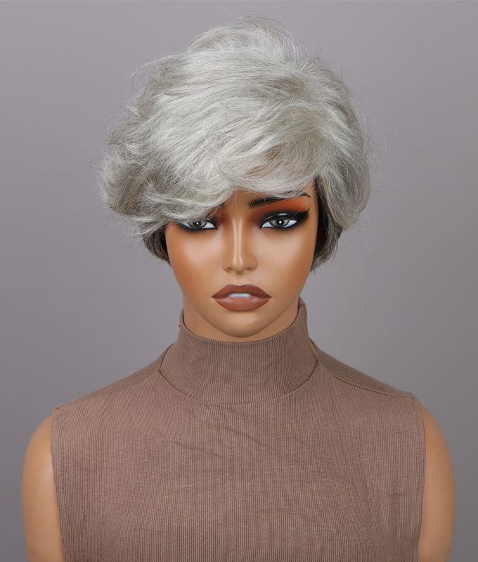 Seniors Short Straight Silver Layered Pixie Cut Wig Light Salt And Pepper Human Hair Glueless Wigs