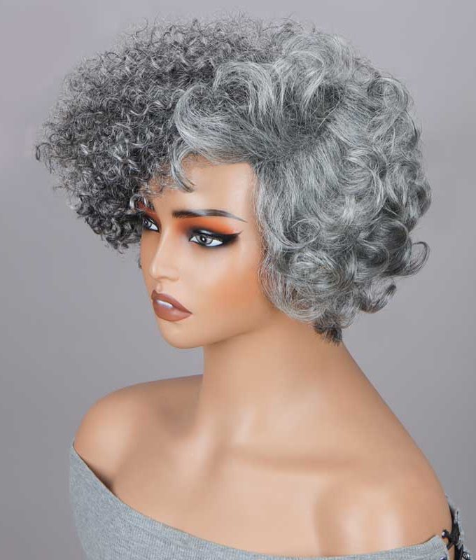 Seniors Short 2-in-1 Curly Silver Layered Pixie Cut Wig �C Salt And Pepper Human Hair No-Lace Glueless Wig for Women