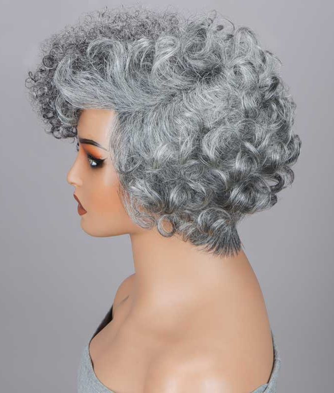 Seniors Short 2-in-1 Curly Silver Layered Pixie Cut Wig �C Salt And Pepper Human Hair No-Lace Glueless Wig for Women